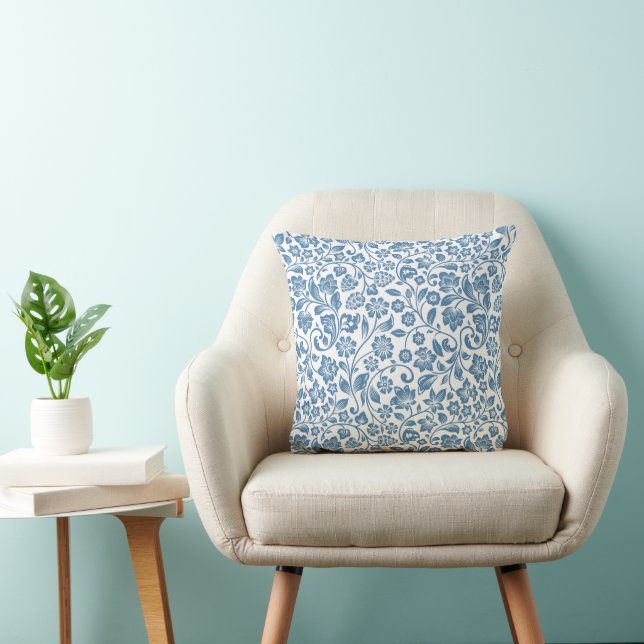 Almofada Padrão de Videiras Florais Azul e Branco Ornamenta (Cadeira)