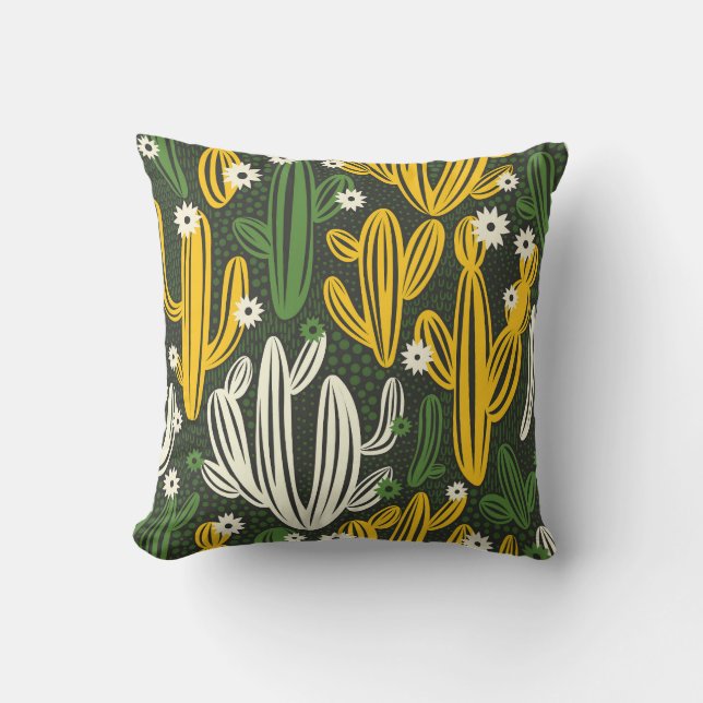 Almofada Padrão de Vintagem de Fundo Preto Cactus (Frente)