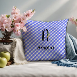 Almofada Padrão de xadrez azul de flor de aquarela com mono