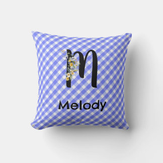 Almofada Padrão de xadrez azul gingham com flor de aquarela
