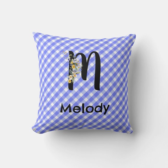 Almofada Padrão de xadrez azul gingham com flor de aquarela (Frente)