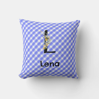 Almofada Padrão de xadrez azul gingham com flor de aquarela