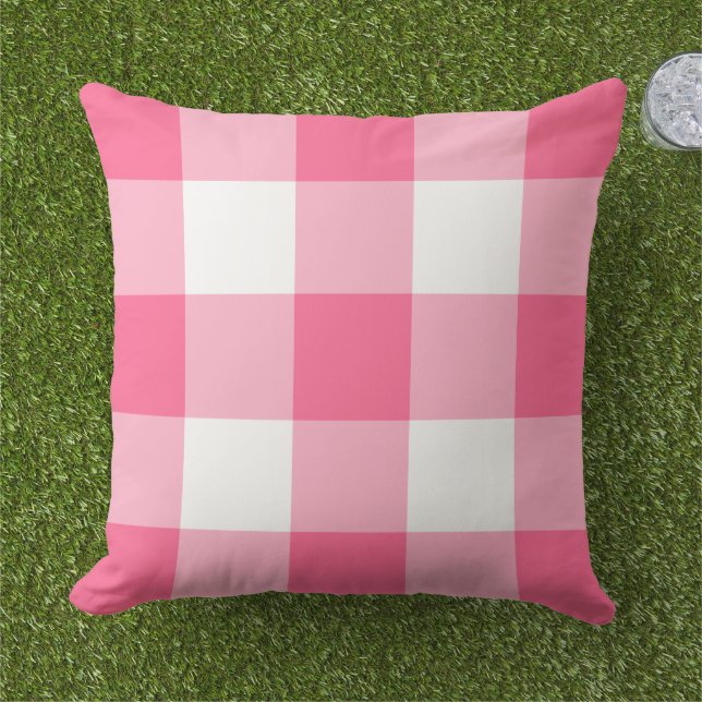 Almofada Padrão de Xadrez Brilhante, Rosa e Branco, Gingham (Grama)