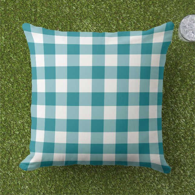 Almofada Padrão de Xadrez de Gingham Branco e Azul (Grama)