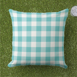 Almofada Padrão de Xadrez de Gingham Branco e Azul Turquesa