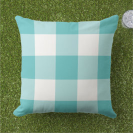 Almofada Padrão de Xadrez de Gingham Branco e Azul Turquesa