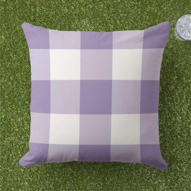 Almofada Padrão de Xadrez de Gingham Roxo e Branco (Grama)