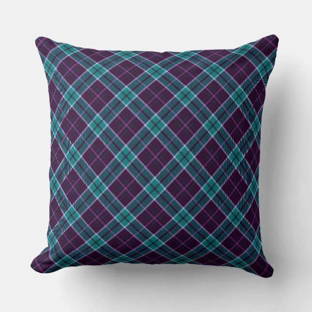 Almofada Padrão de Xadrez de Natal Azul e Roxo (Frente)