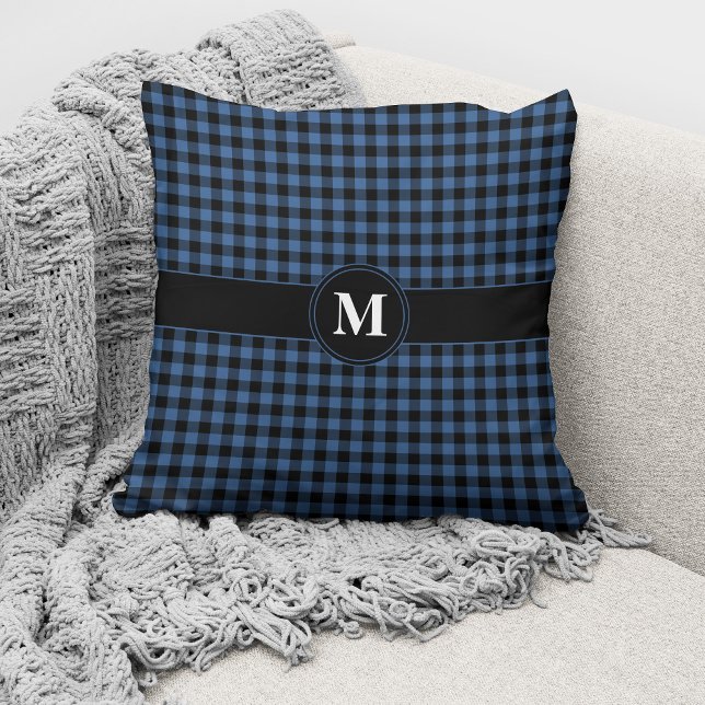 Almofada Padrão de Xadrez em Ginga Azul e Preto com Monogra (Criador carregado)
