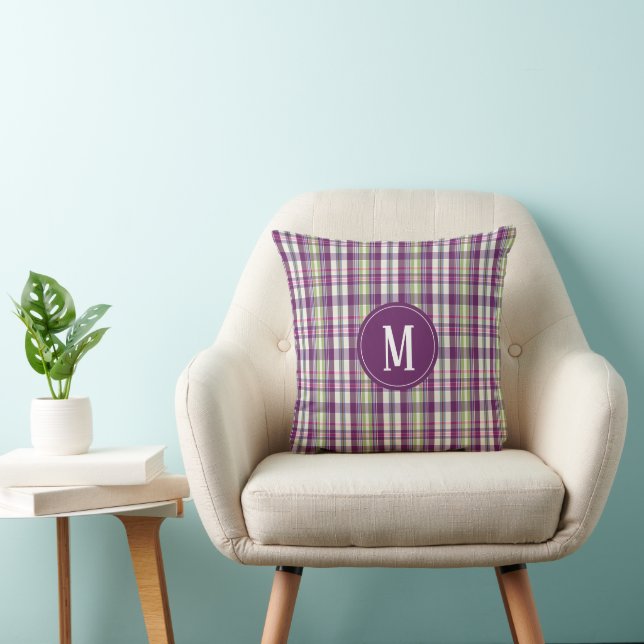 Almofada Padrão de Xadrez verde Design roxo monograma (Cadeira)