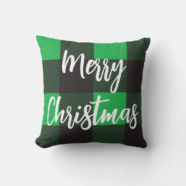 Almofada Padrão de Xadrez Verde Feliz Natal (Frente)