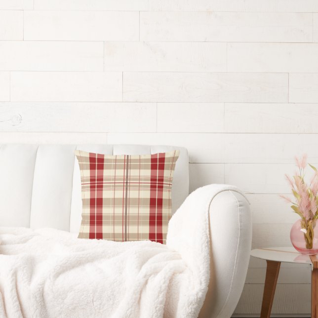 Almofada Padrão de Xadrez Vermelho e bege Tan (Sofá)