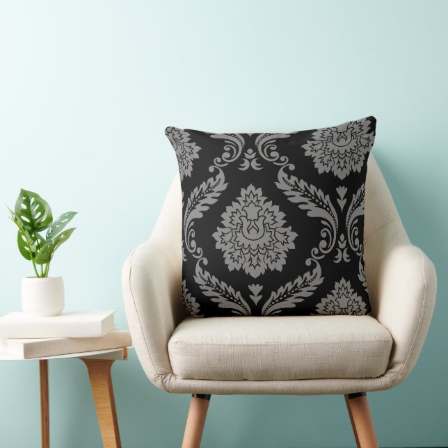Almofada Padrão Deslocado Rococó Damask Cinza no Preto (Cadeira)