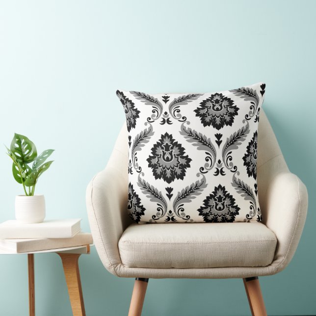 Almofada Padrão Deslocado Rococó Damask Cinza Preto Branco (Cadeira)