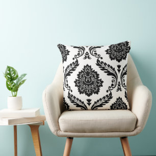 Almofada Padrão Deslocado Rococó Damask Preto no Branco