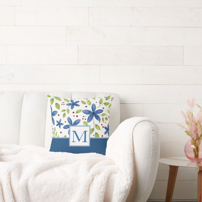 Almofada Padrão do Buquê Floral Indigo Watercolor (Sofá)