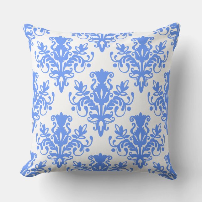 Almofada Padrão do Damask 02 - Azul-bebê em branco (Frente)