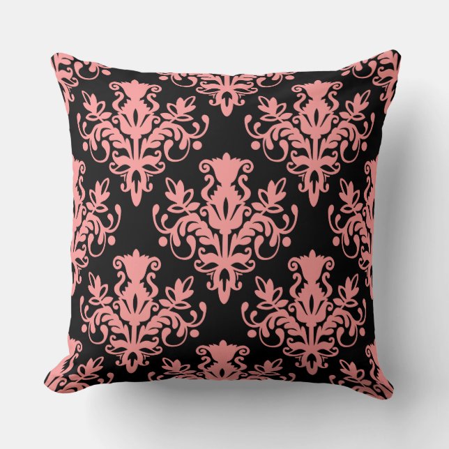 Almofada Padrão do Damask 02 - Cor-de-rosa suave em preto (Frente)