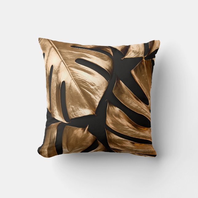 Almofada padrão Dourado das folhas de monstera (Frente)