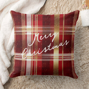 Almofada Padrão Dourado de Natal Vermelho de Tartan nº 7 ID
