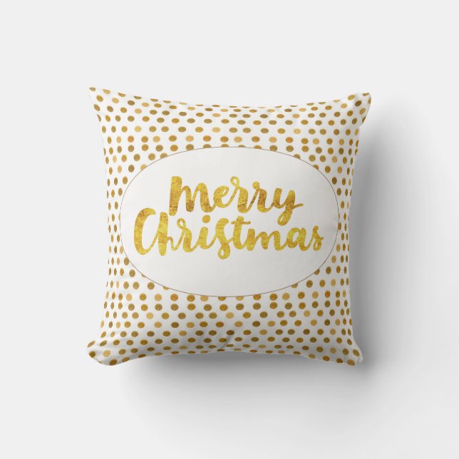 Almofada Padrão Dourado de Pontos de Natal Feliz Brushscrip (Frente)
