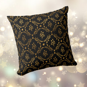 Almofada Padrão Dourado de Quadro de Berry Folha em Preto