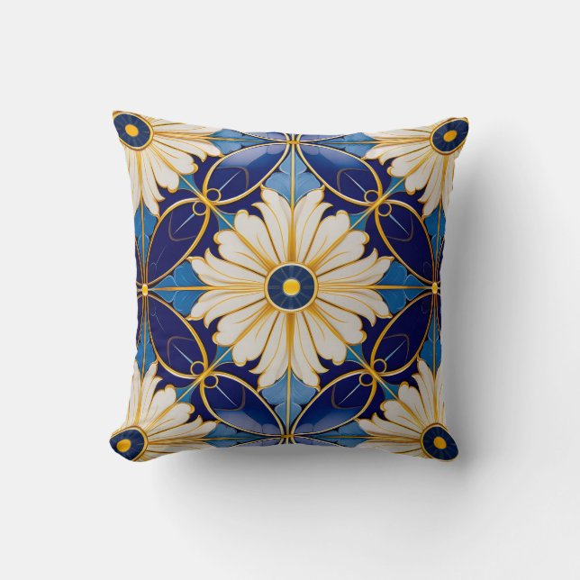 Almofada Padrão Dourado Floral Azul Deco Arte Simétrica (Frente)