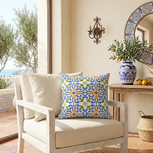 Almofada Padrão Espanhol Verde Laranja Azul Mediterrâneo
