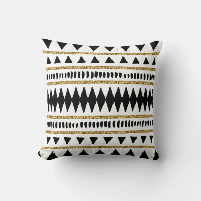 Almofada Padrão Étnico Dourado negro (Frente)