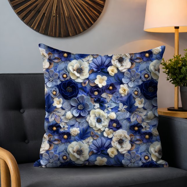 Almofada Padrão Floral 3D Azul Moderno Trendy Azul (Criador carregado)