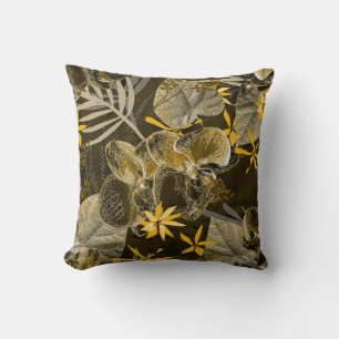 Almofada Padrão floral amarelo-acastanhado de aquarelas.