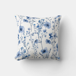 Almofada Padrão Floral Aquarela Azul Branco de Flores Silve