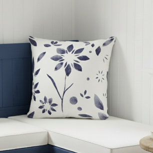 Almofada Padrão Floral Aquarela Azul Flor Grande