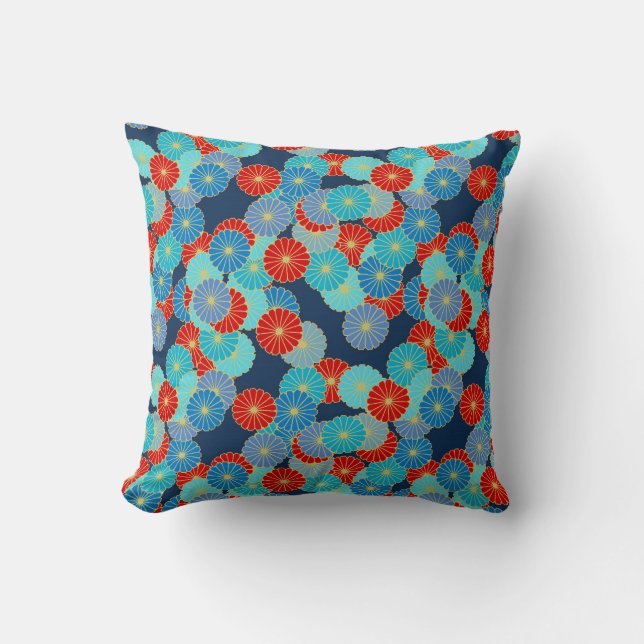 Almofada Padrão floral Art Deco - azul, turquesa e vermelho (Frente)