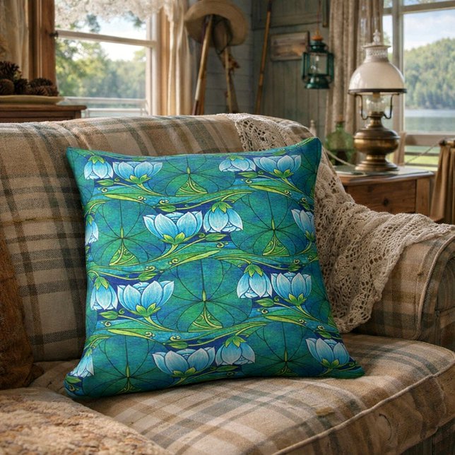 Almofada Padrão Floral Art Nouveau Retro com Folha de Nenúf (Criador carregado)