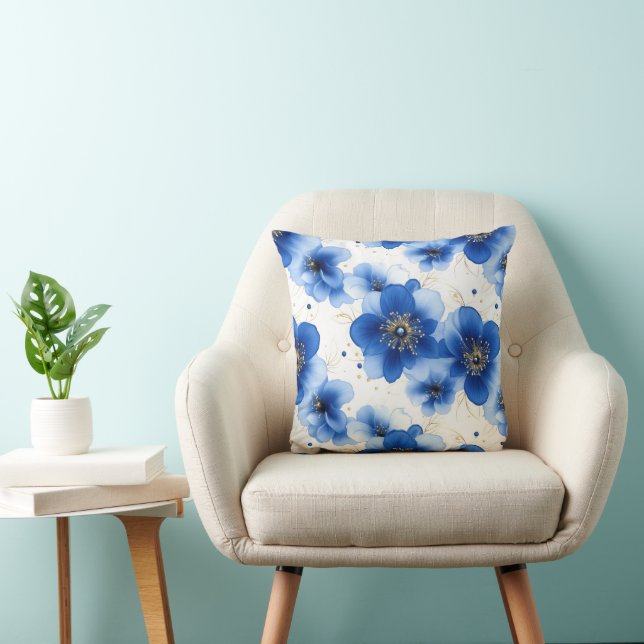 Almofada Padrão Floral Azul com Acentos Dourados (Cadeira)