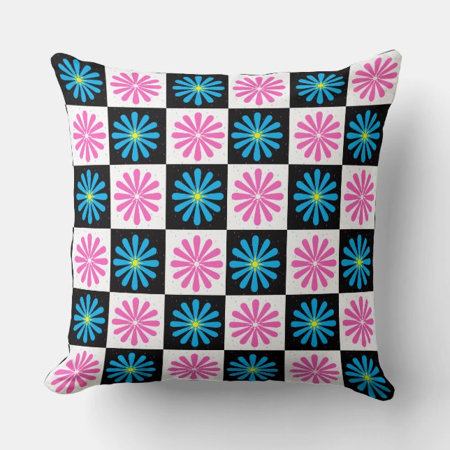 Almofada Padrão Floral Azul-Rosa Geométrico (Frente)