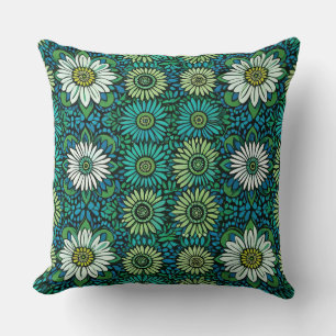 Almofada Padrão Floral Azul, Verde e Branco