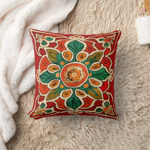 Almofada Padrão Floral Azulejos Azulejos Amarelo Verde Verm