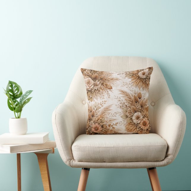 Almofada Padrão Floral Boho Creme Neutro e Caramelo (Cadeira)