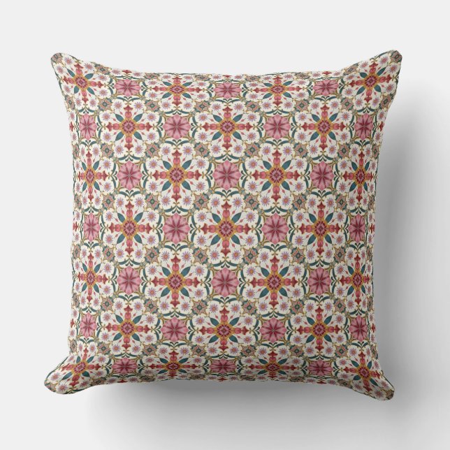 Almofada Padrão Floral Boho em Vermelho, Rosa e Turquesa (Frente)