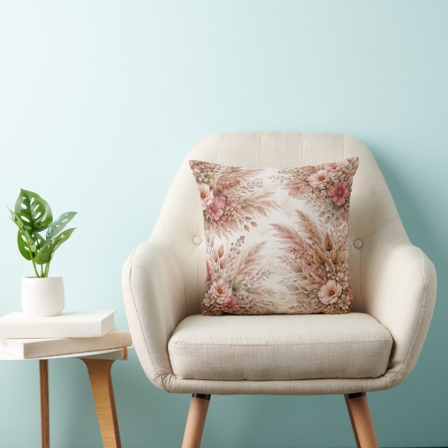 Almofada Padrão Floral Boho Rosa Empoeirado e Blush (Cadeira)