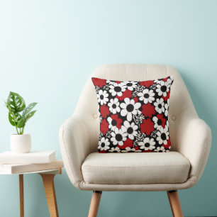 Almofada Padrão Floral bonito em Vermelho, Preto e Branco