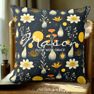 Almofada Padrão Floral Botânico Elegante em Azul Marinho Am