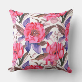 Almofada padrão floral botânico rosa e roxo