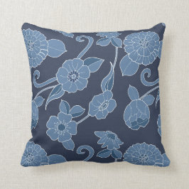Almofada Padrão Floral Branca e Azul em Azul marinho