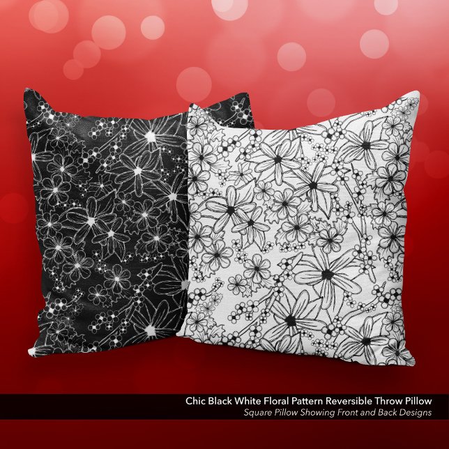 Almofada Padrão Floral Branco Chic Preto Reversível (Chic Black and White Floral Pattern Reversible Throw Pillow)