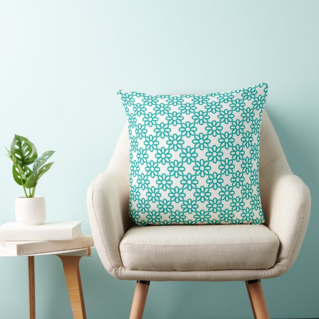 Almofada Padrão Floral Branco e Azul Turquesa Fofo (Cadeira)