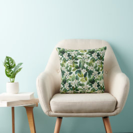 Almofada Padrão Floral Branco Folha Verde Aquarela