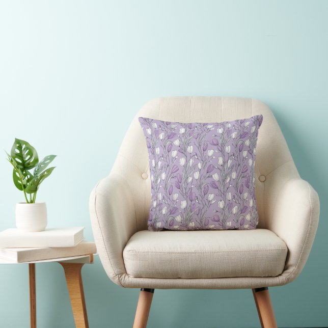 Almofada Padrão Floral Branco Tulipa Lavanda Moderna (Cadeira)